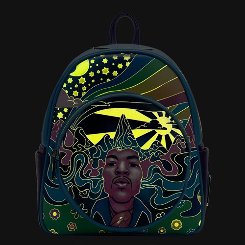 LOUNGEFLY Glow In the Dark Backpack. Jimi Hendrix Psychedelic Backpack Jimi Hendrix Psychedelic Glow Landscape Zip Mini Backpack main image 2